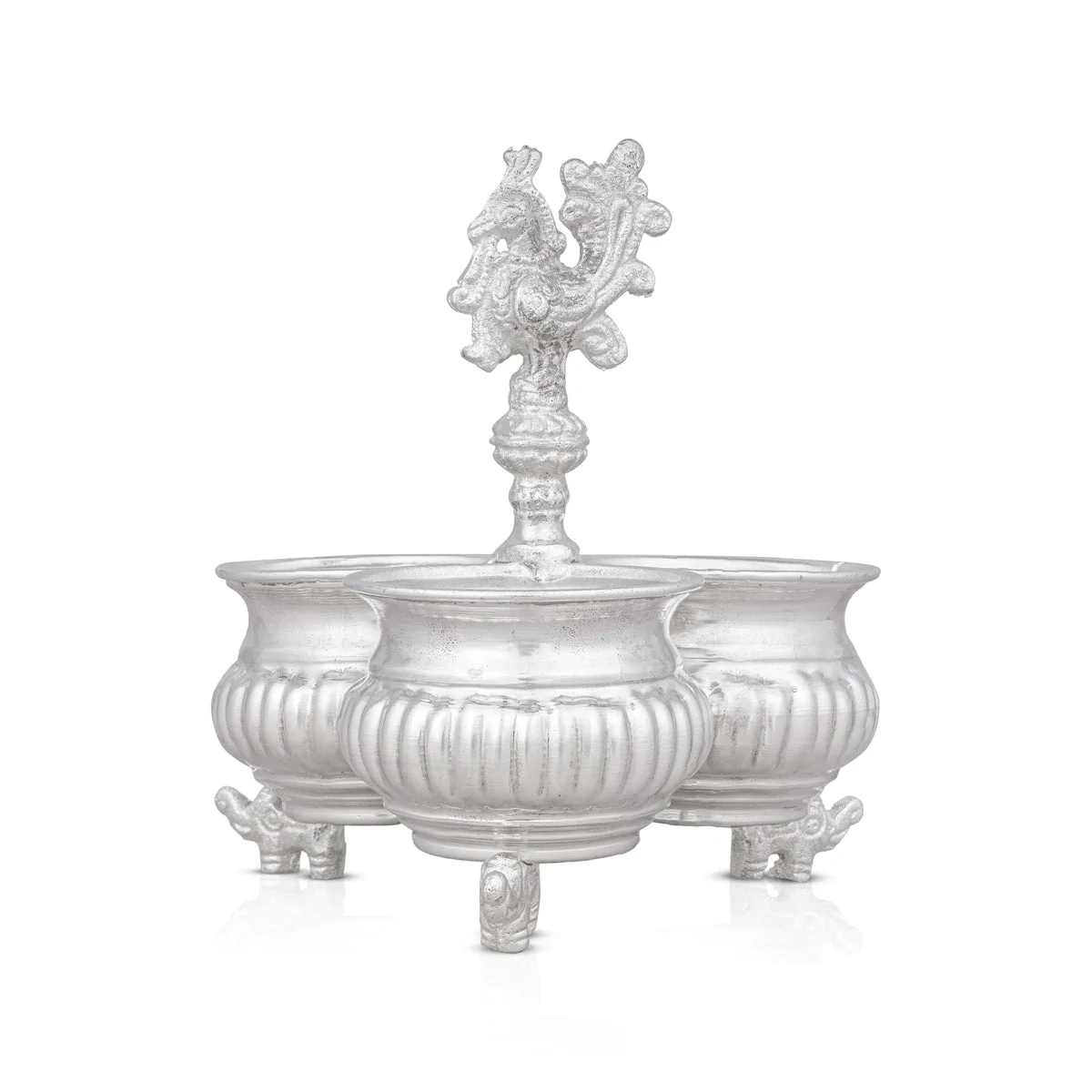 3 Cups Chomukha With Annam Handle- 6x5.5 Inches | White Metal Panchwala With Elephant Leg/Chandan Bowl for Pooja - Image 2