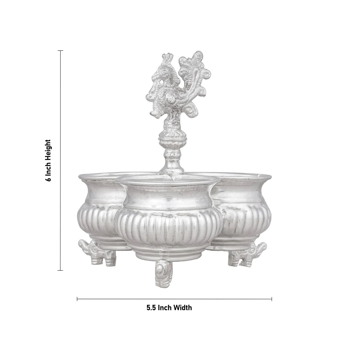 3 Cups Chomukha With Annam Handle- 6x5.5 Inches | White Metal Panchwala With Elephant Leg/Chandan Bowl for Pooja - Image 3