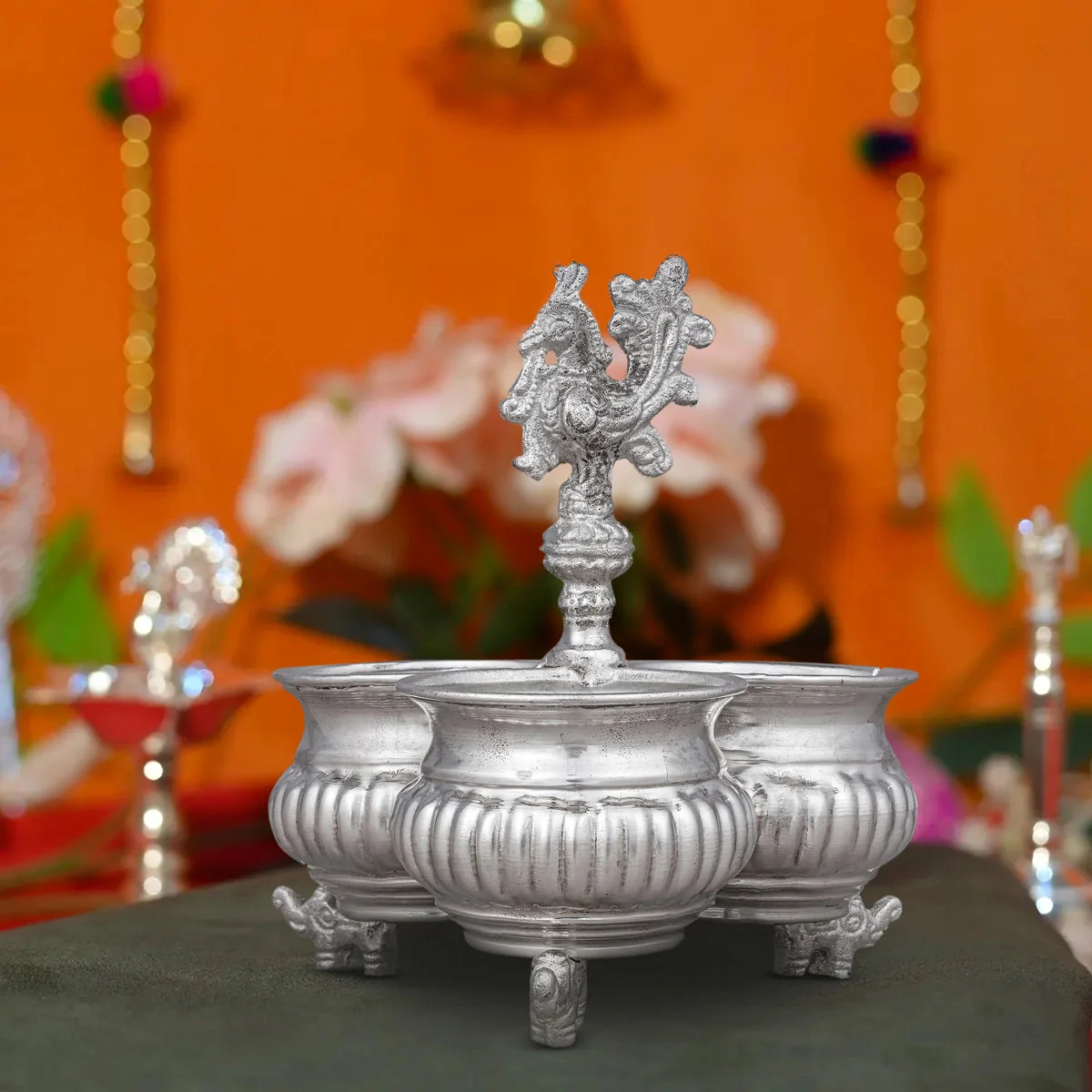 3 Cups Chomukha With Annam Handle- 6x5.5 Inches | White Metal Panchwala With Elephant Leg/Chandan Bowl for Pooja - Image 4
