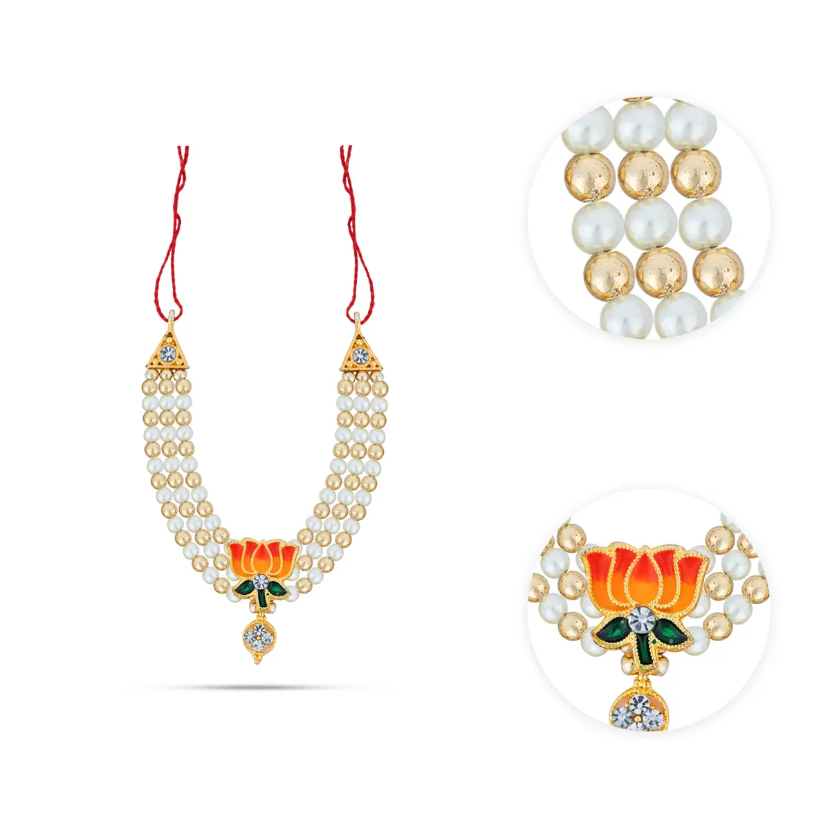 3 Line Moti Mala - 3 Inches | Lotus & Stone Design Pearl Mala/ Pearl Necklace/ Artificial Jewelry for Deity - Image 2