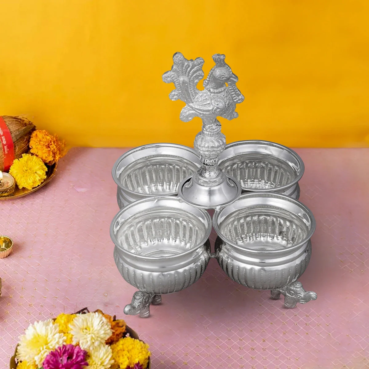 4 Cups Chomukha With Annam Handle-6.5x4.5 Inches | White Metal Panchwala With Elephant Leg/Chandan Bowl for Pooja - Image 4