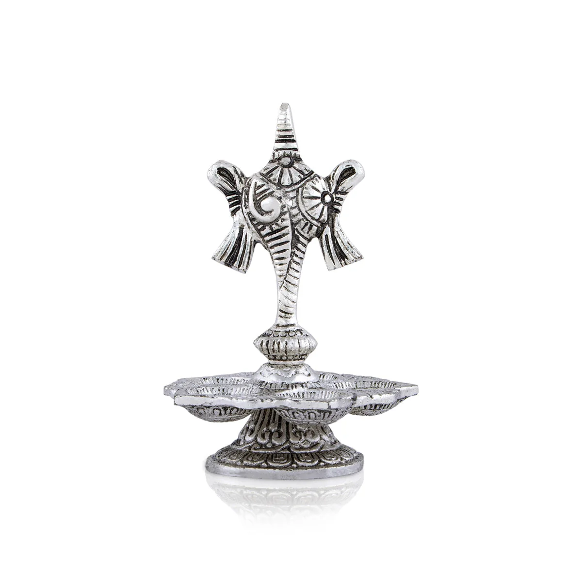 5 Face Deepam With Base - 5.5 x 3.5 Inches | Silver Polish Vilakku/ Metal Shanku Chakra Design Lamp for Pooja - Image 3