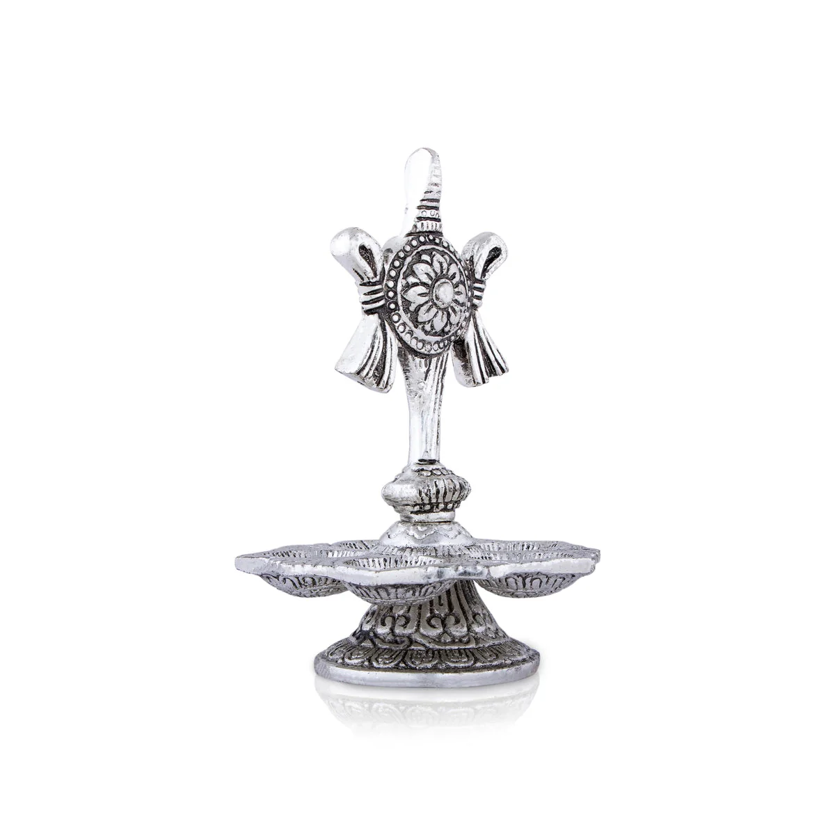 5 Face Deepam With Base - 5.5 x 3.5 Inches | Silver Polish Vilakku/ Metal Shanku Chakra Design Lamp for Pooja - Image 4