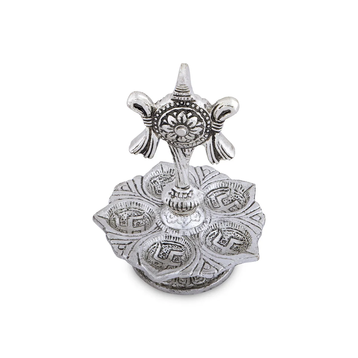5 Face Deepam With Base - 5.5 x 3.5 Inches | Silver Polish Vilakku/ Metal Shanku Chakra Design Lamp for Pooja - Image 5