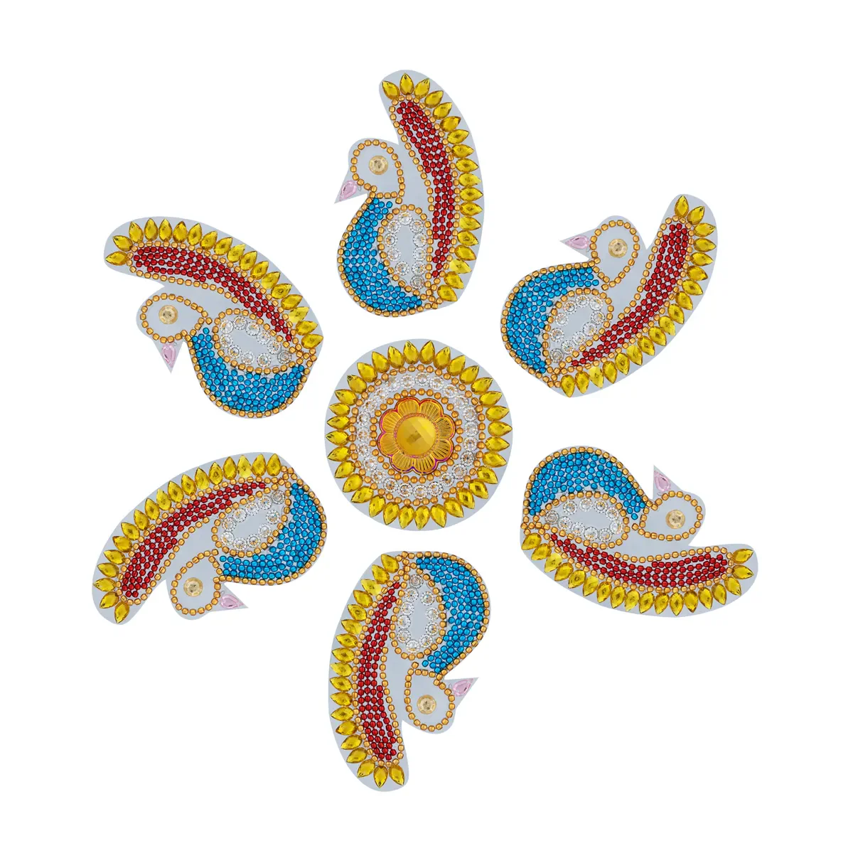 Acrylic Rangoli | Multicolour Kundan Stone Acrylic Rangoli Design/ Peacock Design Muggulu Rangoli for Home - Image 2