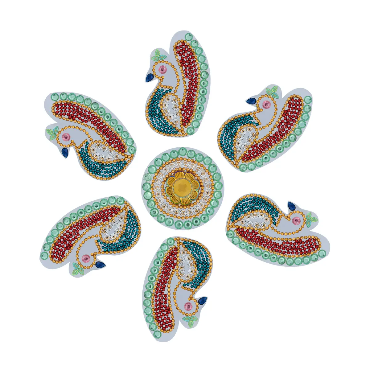 Acrylic Rangoli | Multicolour Kundan Stone Acrylic Rangoli Design/ Peacock Design Muggulu Rangoli for Home - Image 3