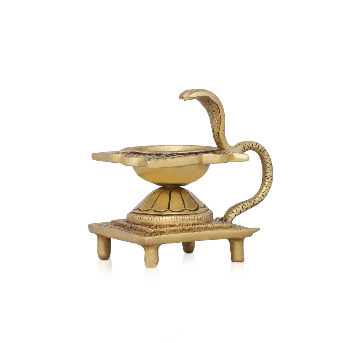 Agal Vilakku With Snake Handle - 4 x 3 Inches | Brass Lamp/Antique Polish Flower Design Kartik Deepam for Pooja - Image 2