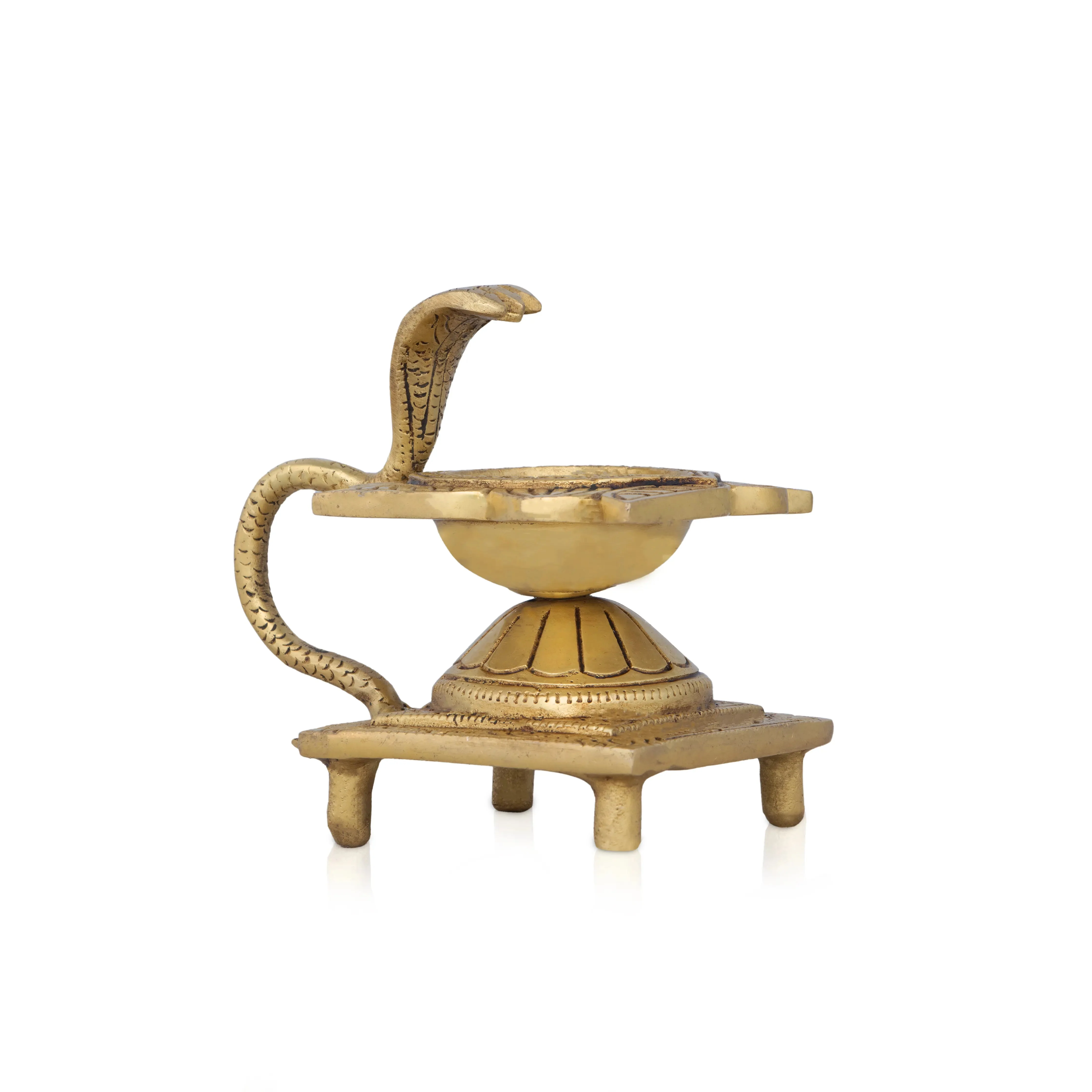Agal Vilakku With Snake Handle - 4 x 3 Inches | Brass Lamp/Antique Polish Flower Design Kartik Deepam for Pooja - Image 3