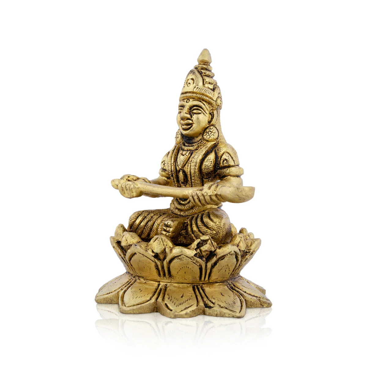 Annapurna Devi Sitting On Lotus Flower - 4 x 2.75 Inches | Antique Brass Idol/ Annapoorani Statue for Pooja - Image 3