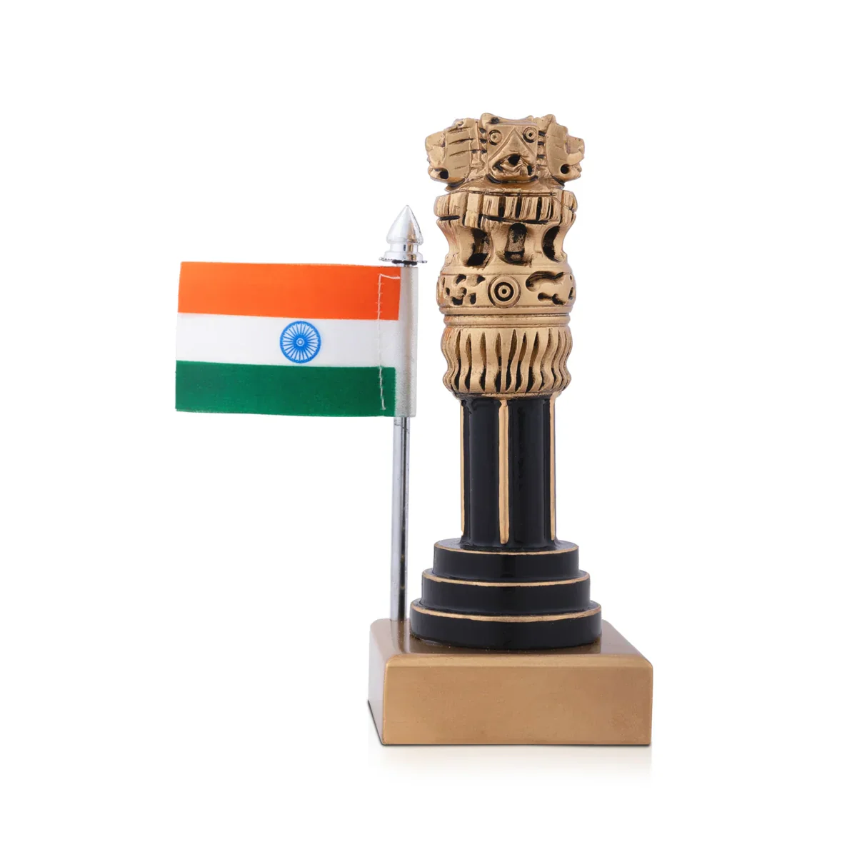 Ashoka Pillar Statue with Flag - 4 x 2 Inches | Ashoka Pillar Idol/ National Emblem for Home Decor - Image 2