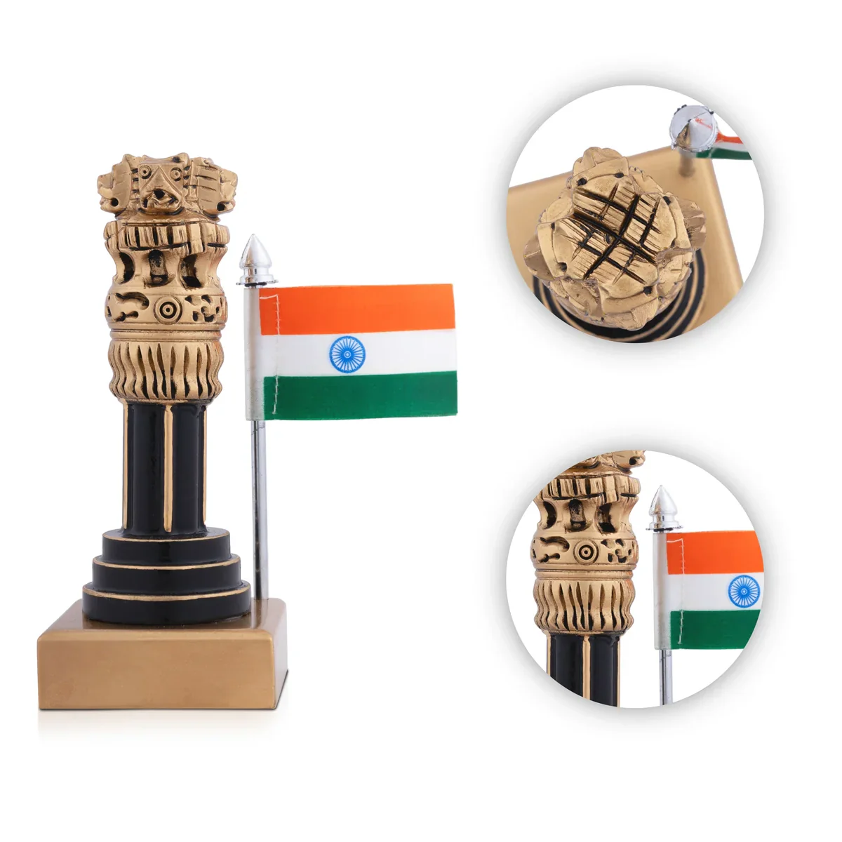 Ashoka Pillar Statue with Flag - 4 x 2 Inches | Ashoka Pillar Idol/ National Emblem for Home Decor - Image 3