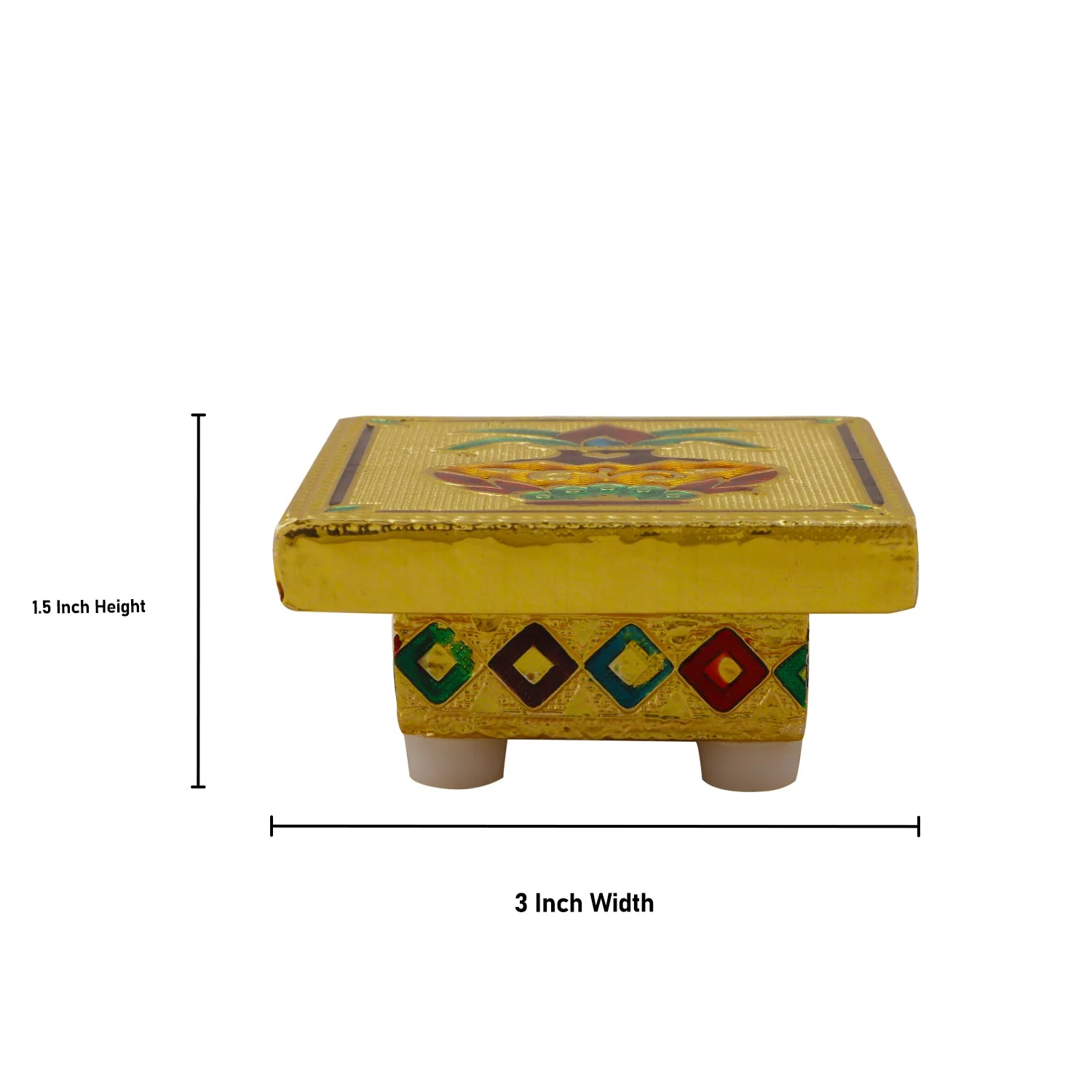Bajot - 1.5 x 3 x 3 Inches | Wooden Manai/ Gold Polish Meenakari Design Chowki for Pooja - Image 4