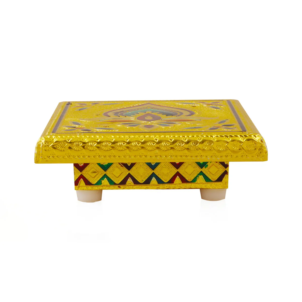 Bajot - 1.5 x 4 x 4 Inches | Meenakari Design Chowki/ Golden Polish Manai Palagai for Pooja/ 175 Gms Approx - Image 3