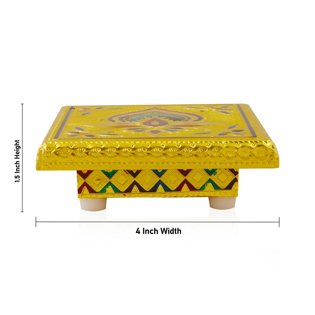 Bajot - 1.5 x 4 x 4 Inches | Meenakari Design Chowki/ Golden Polish Manai Palagai for Pooja/ 175 Gms Approx - Image 4