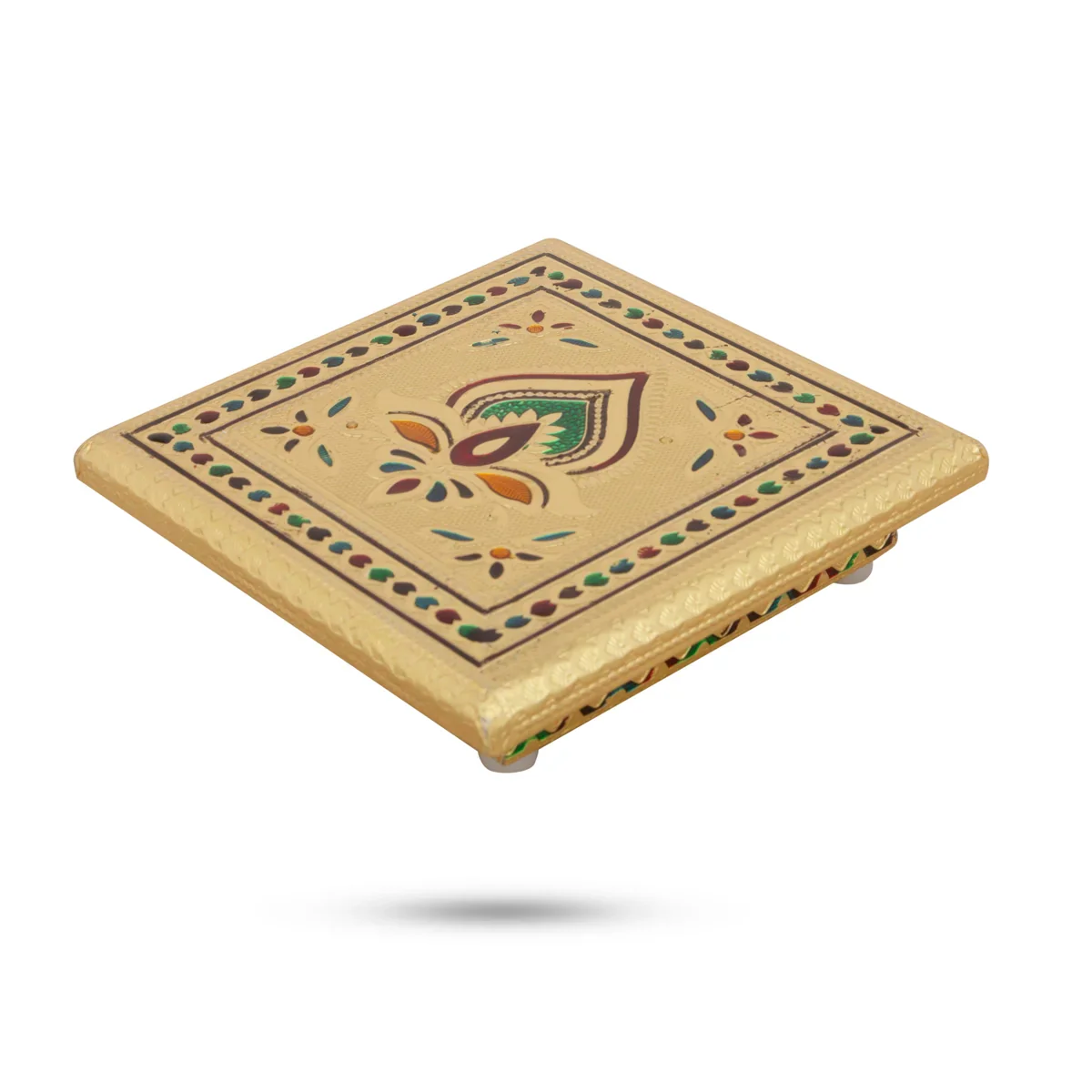 Bajot - 1.5 x 5 Inches | Meenakari Design Chowki/ Golden Polish Manai Palagai for Pooja/ 355 Gms Approx - Image 3