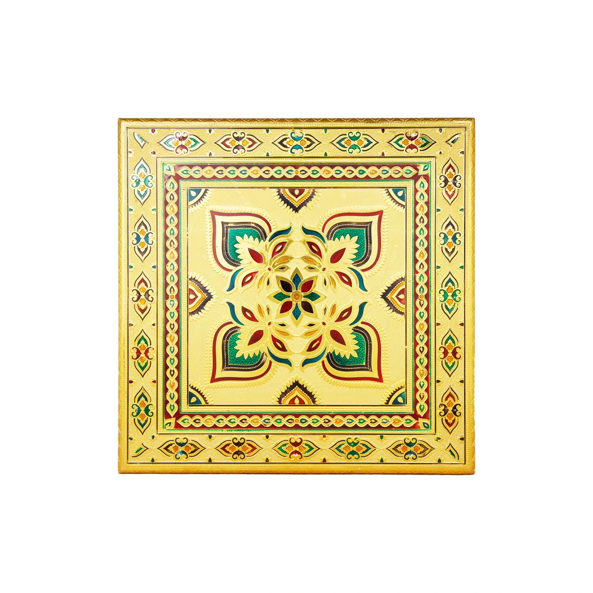 Bajot - 15 x 15 Inches | Meenakari Design Chowki/ Golden Polish Manai Palagai for Pooja - Image 4