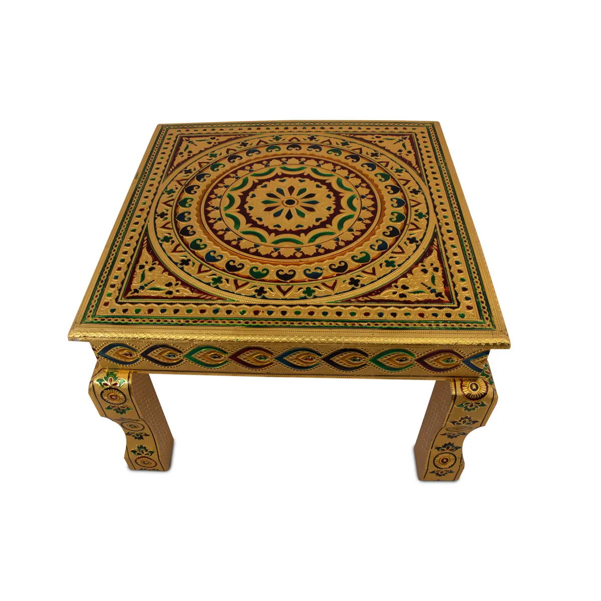Bajot - 18 x 18 Inches | Meenakari Design Chowki/ Golden Polish Manai Palagai for Pooja/ 5.225 Kgs Approx - Image 3