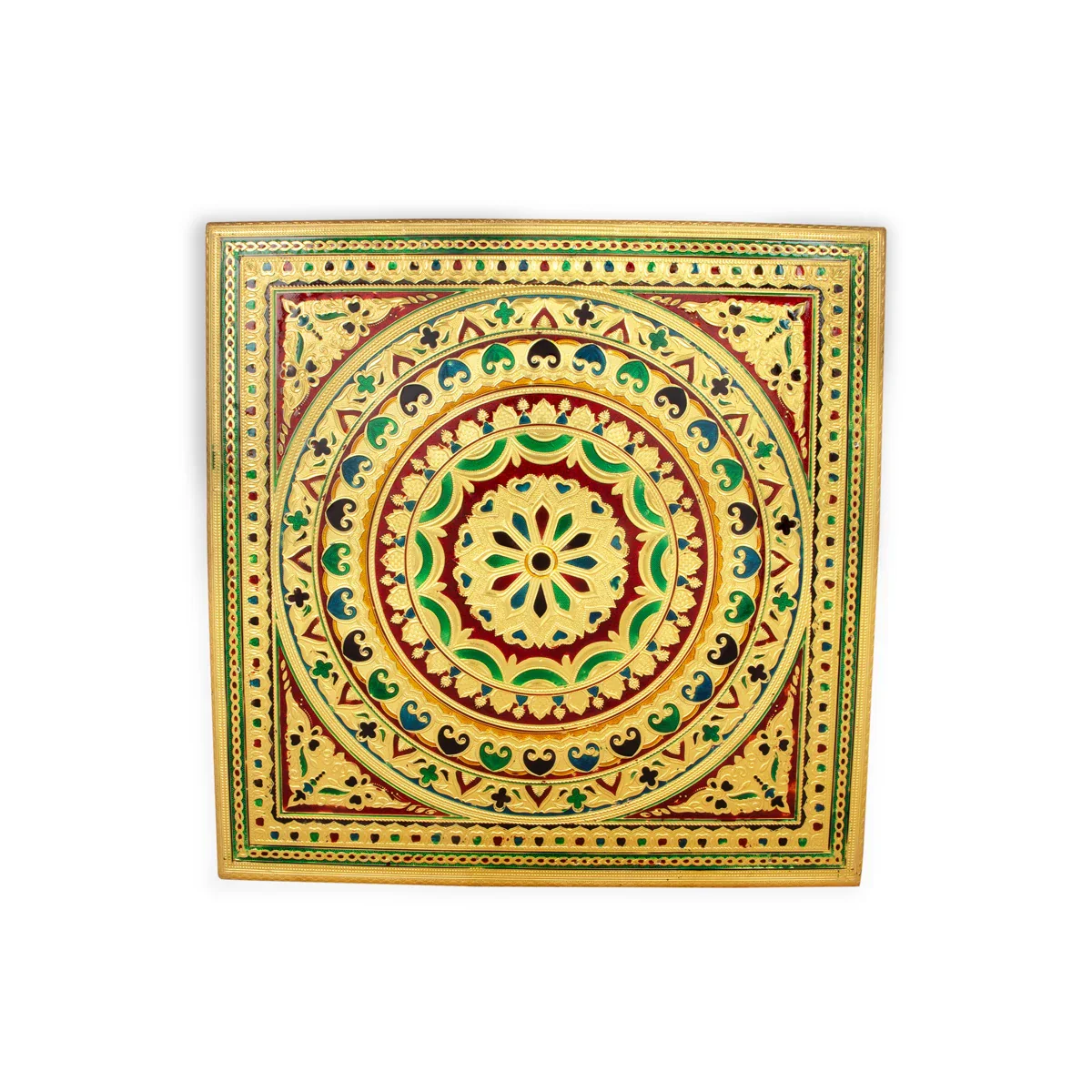 Bajot - 18 x 18 Inches | Meenakari Design Chowki/ Golden Polish Manai Palagai for Pooja/ 5.225 Kgs Approx - Image 4