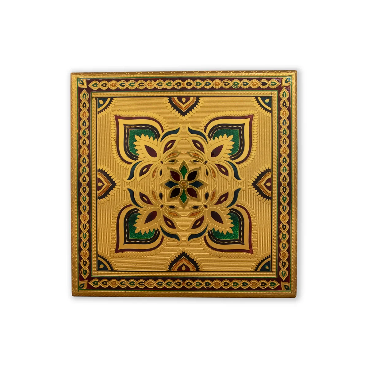 Bajot - 2.5 x 12 x 12 Inches | Meenakari Design Chowki/ Golden Polish Manai Palagai for Pooja/ 1.665 Kgs Approx - Image 4