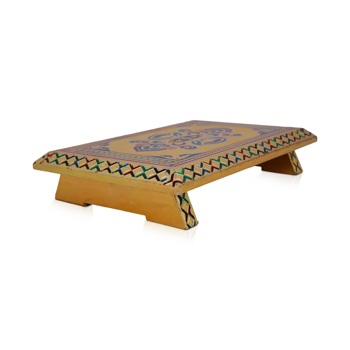 Bajot - 2.5 x 12 x 8 Inches | Meenakari Design Chowki/ Golden Polish Manai Palagai for Pooja/ 960 Gms Approx - Image 3