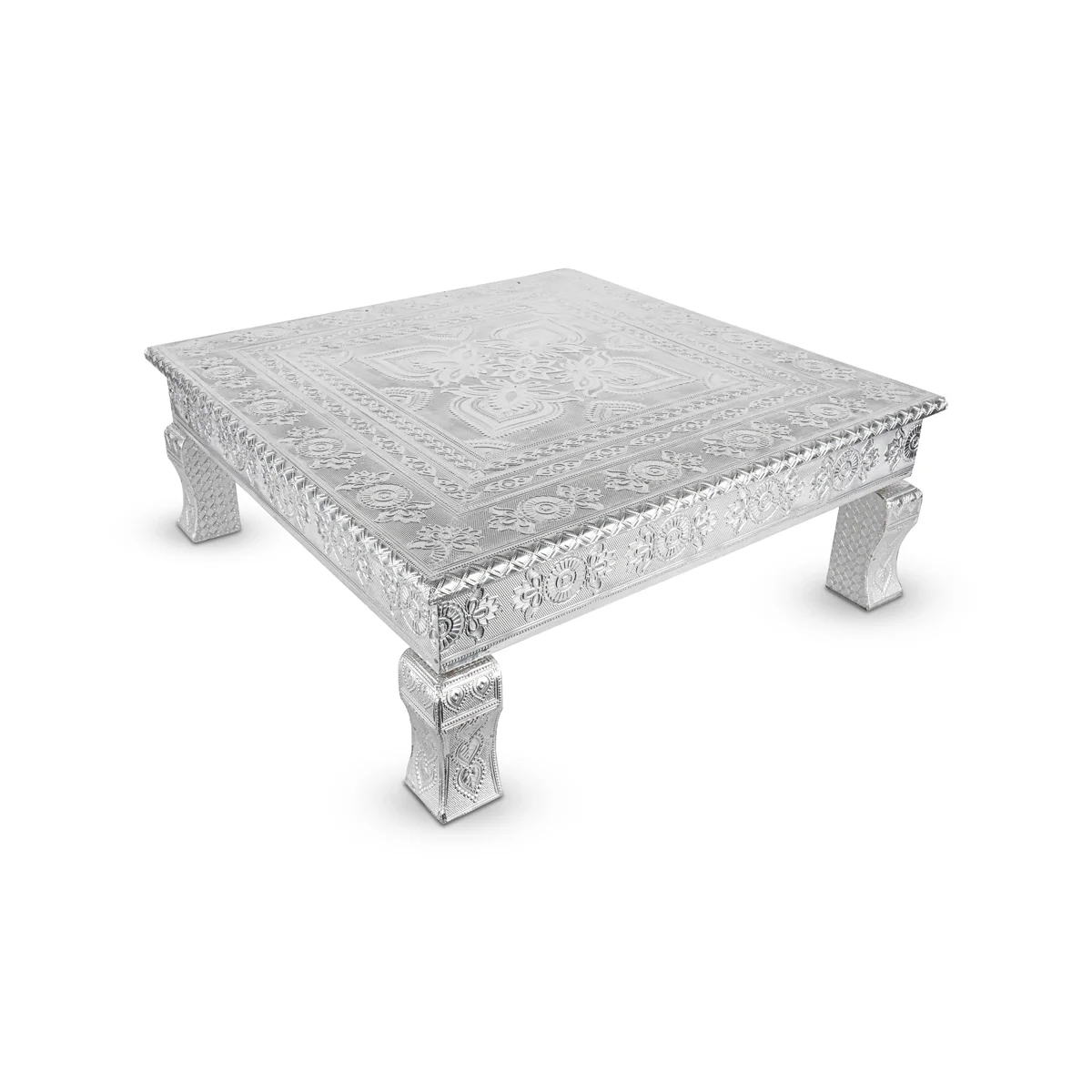 Pooja Chowki With Leg - 3 x 18 x 18 Inches | Silver Polish Patla/ Wooden Bajot for Home - Image 2