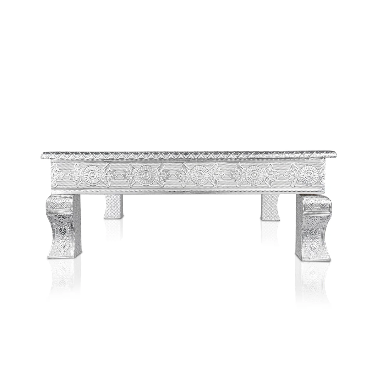 Pooja Chowki With Leg - 3 x 18 x 18 Inches | Silver Polish Patla/ Wooden Bajot for Home - Image 3