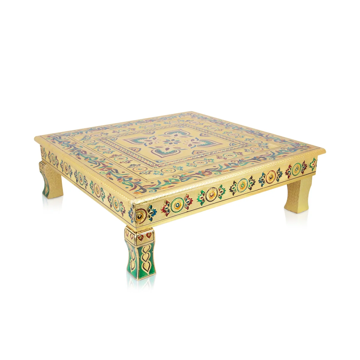 Bajot - 3 x 21 x 21 Inches | Meenakari Design Chowki/ Golden Polish Manai Palagai for Pooja/ 5.800 Kgs Approx - Image 5