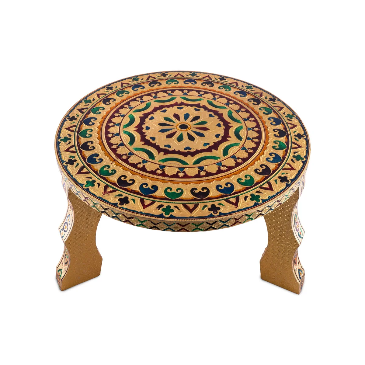 Bajot - 9 x 14 Inches | Round Meenakari Design Chowki/ Golden Polish Manai Palagai for Pooja - Image 3