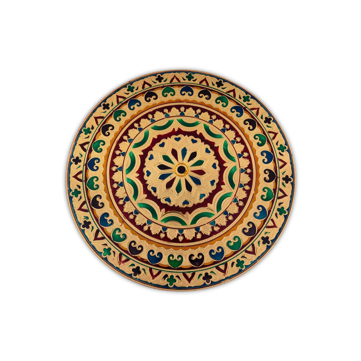 Bajot - 9 x 14 Inches | Round Meenakari Design Chowki/ Golden Polish Manai Palagai for Pooja - Image 4