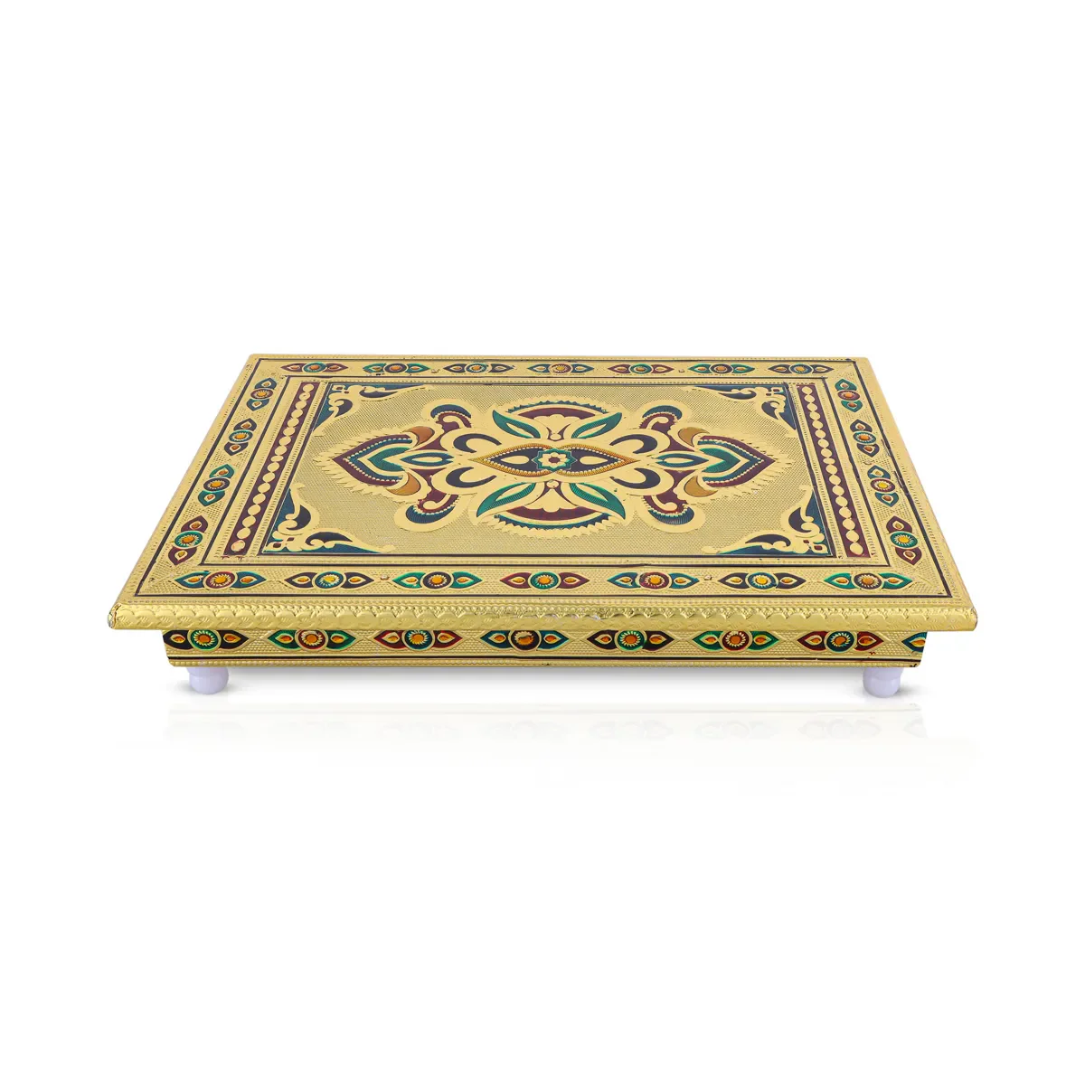 Pooja Chowki With Base - 2 x 10 x 10 Inches | Gold Polish & Wooden Bajot/ Meenakari Design Patla for Pooja - Image 2