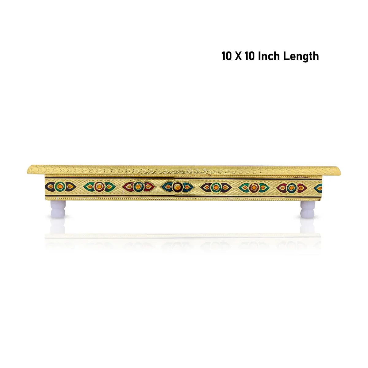 Pooja Chowki With Base - 2 x 10 x 10 Inches | Gold Polish & Wooden Bajot/ Meenakari Design Patla for Pooja - Image 3