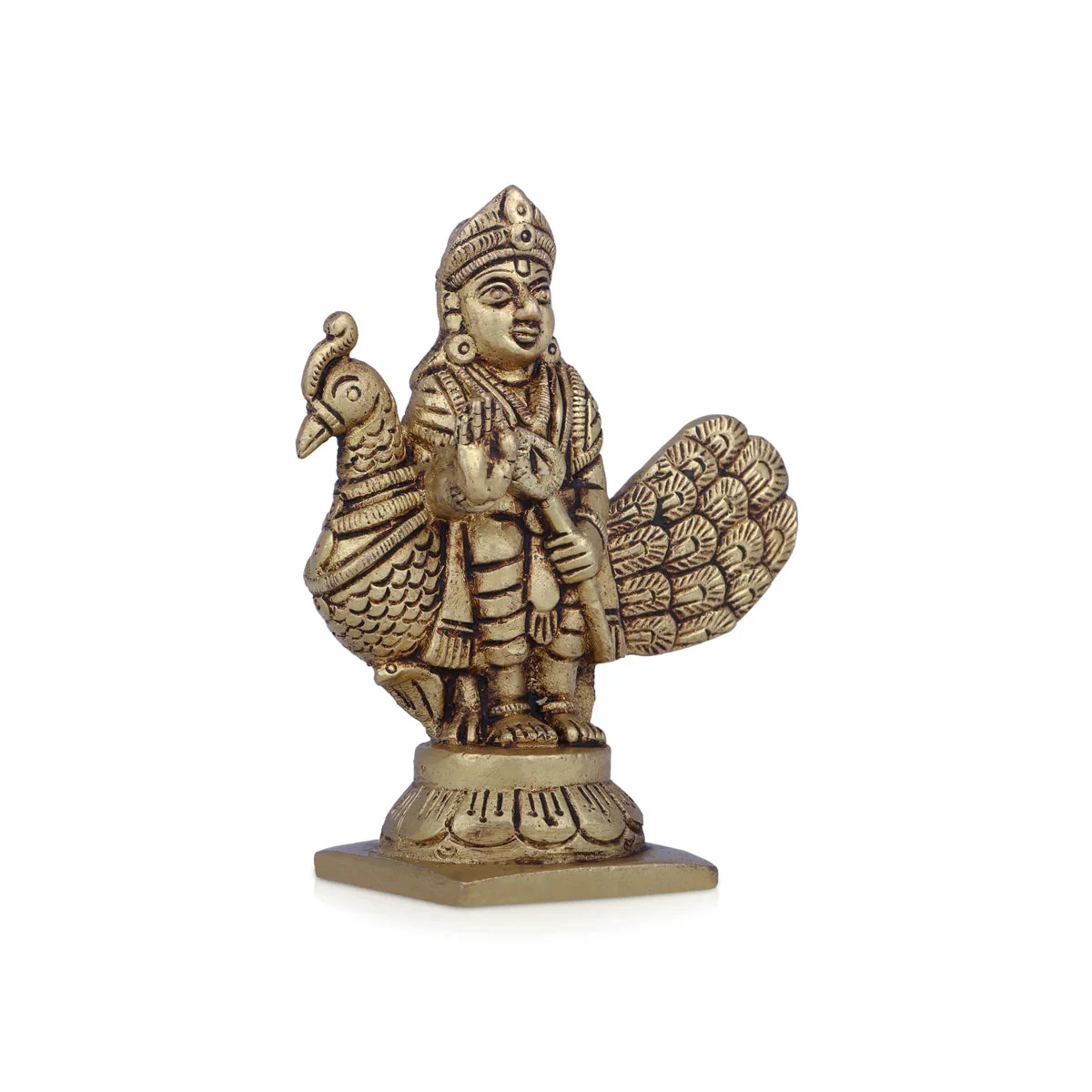 Balamurugan Statue with Peacock - 3.75 x 3.5 Inches | Antique Brass Idol/ Kartikeya Statue for Pooja - Image 2