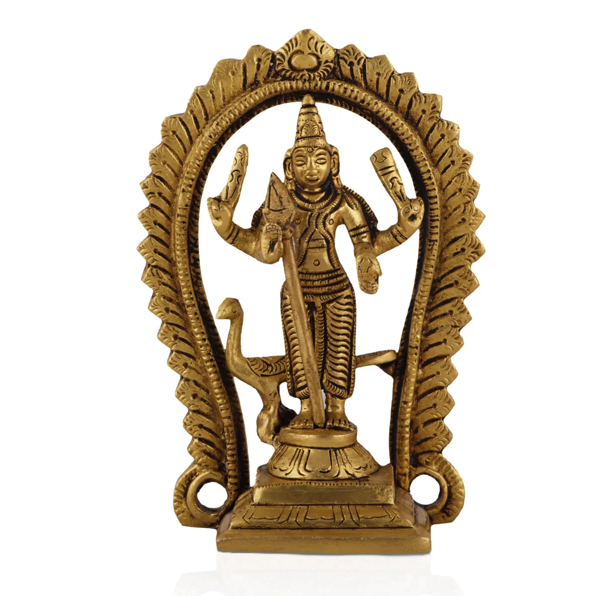 Balamurugan Statue With Peacock - 5 x 3.25 Inches | Antique Brass Idol/ Kartikeya Statue With Arch for Pooja