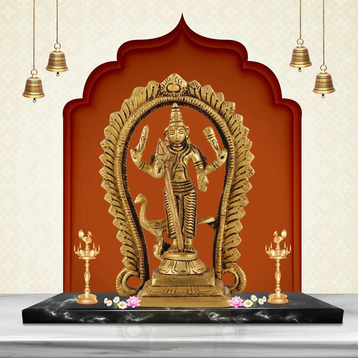 Balamurugan Statue With Peacock - 5 x 3.25 Inches | Antique Brass Idol/ Kartikeya Statue With Arch for Pooja - Image 6