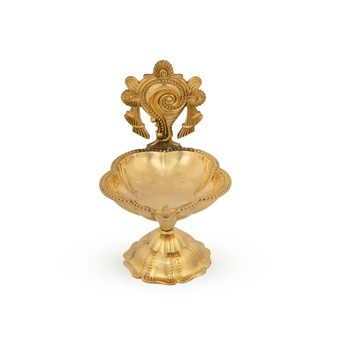 Brass Lamp With Base - 4.5 X 3 Inches | Shankh Design Brass Deepam/ Vilakku/ Diya For Pooja - Image 2