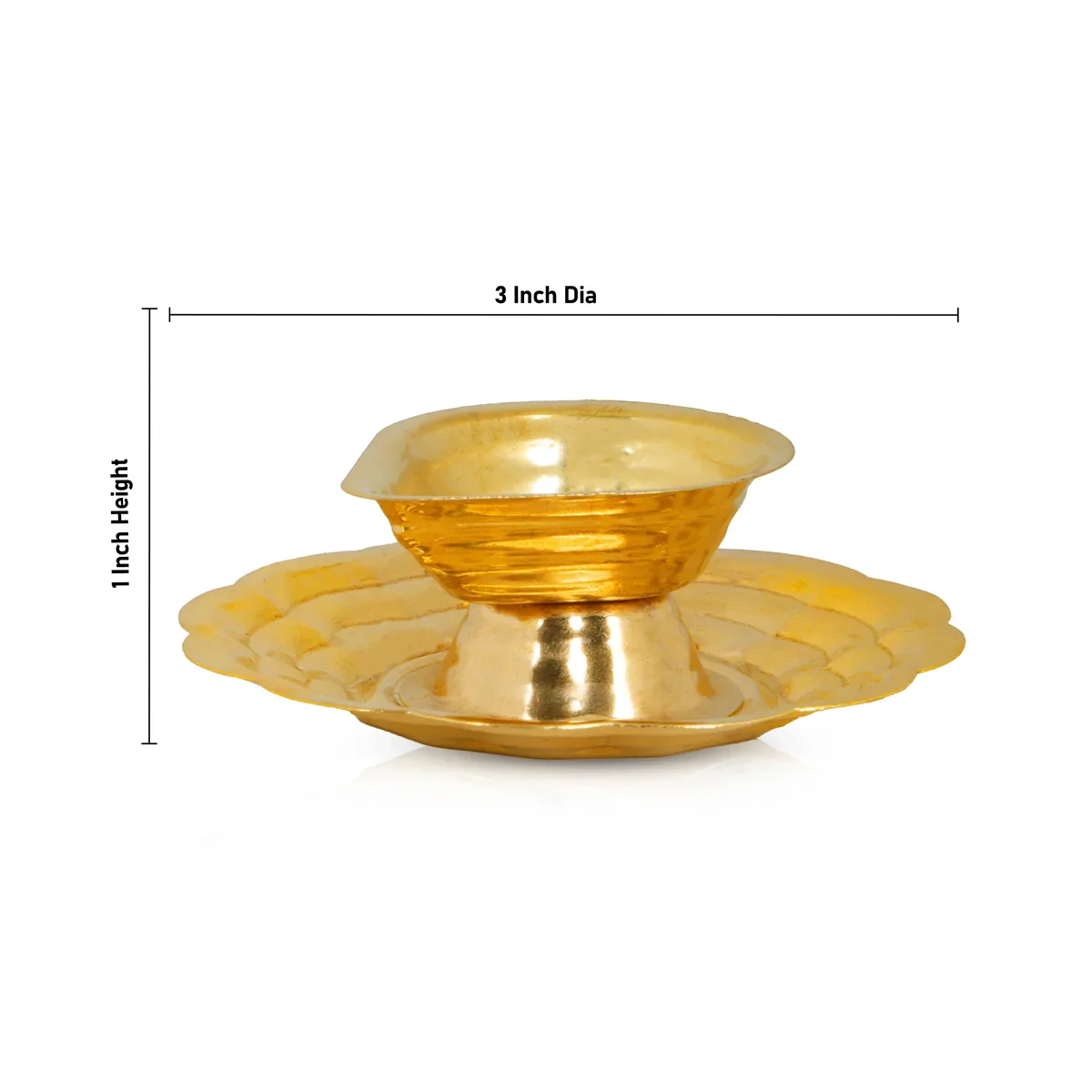 Brass One Mukh Deep with Plate - 1 x 3 Inches | Diya/ Brass Lamp/ Vilakku for Pooja/ 25 Gms Approx - Image 3