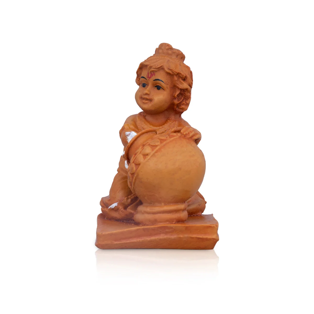 Butter Krishna Murti With Pot - 4 x 3 Inches | Resin Statue/ Wooden Polish Krishna Statue With Base for Pooja - Image 3