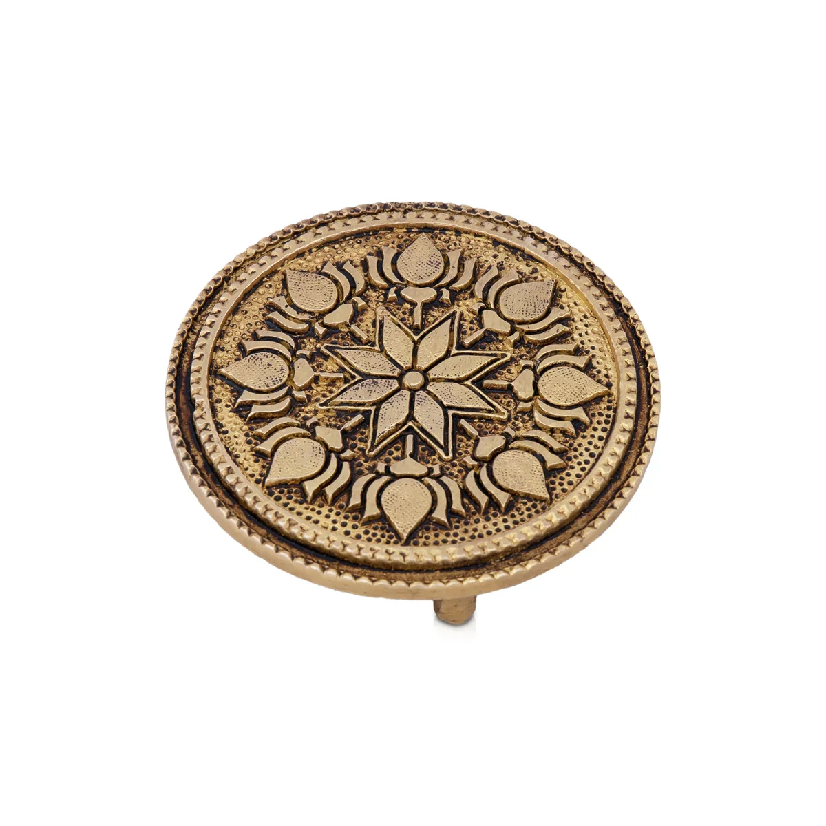 Chowki - 0.75 x 3.25 Inches | Antique Brass Bajot/ Round Shape Manai for Pooja/ 160 Gms Approx - Image 2