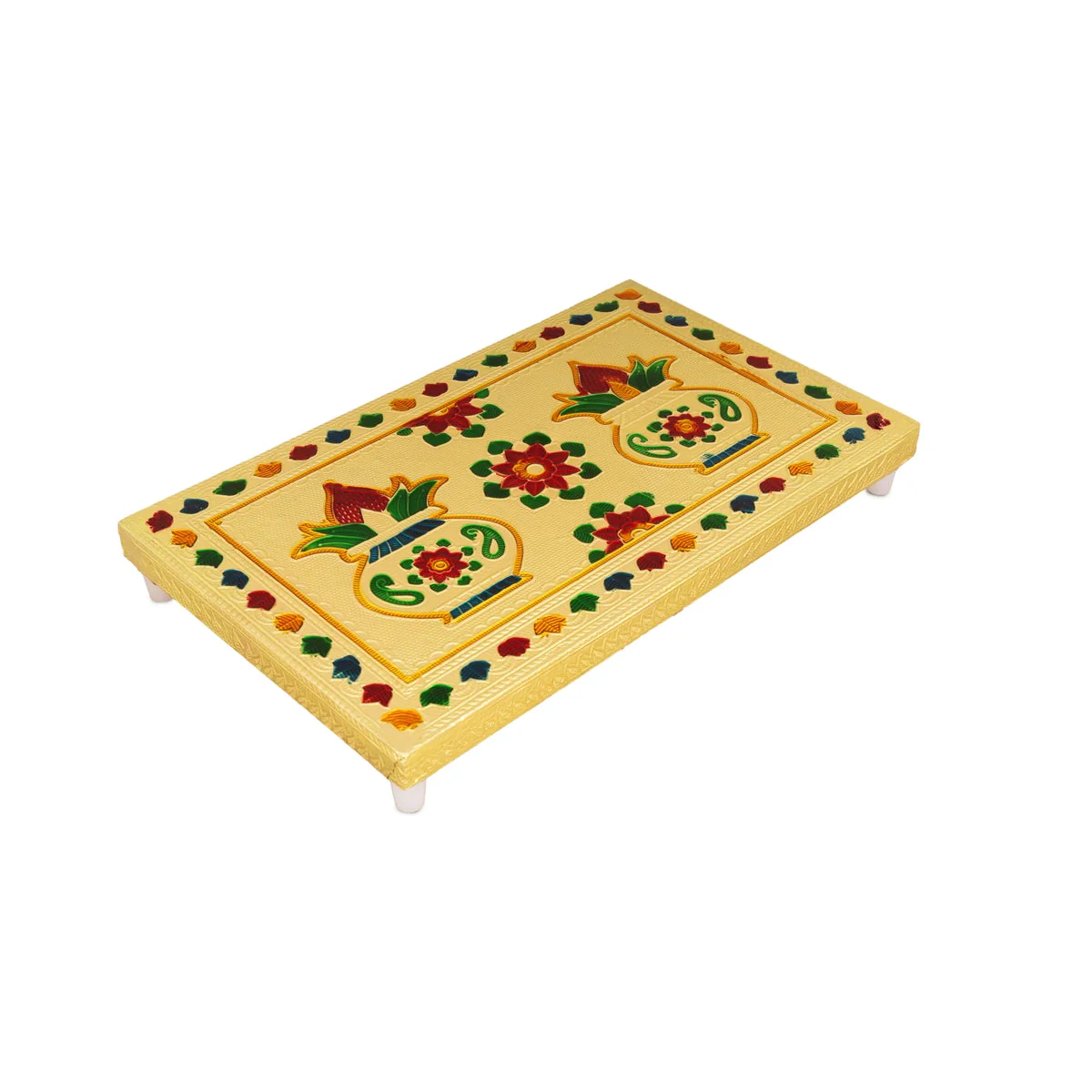 Chowki With Base - 1.25 X 6 X 10 Inches | Kalash & Flower Design Patla/ Gold Polish Bajot/ Manai Palagai - Image 2
