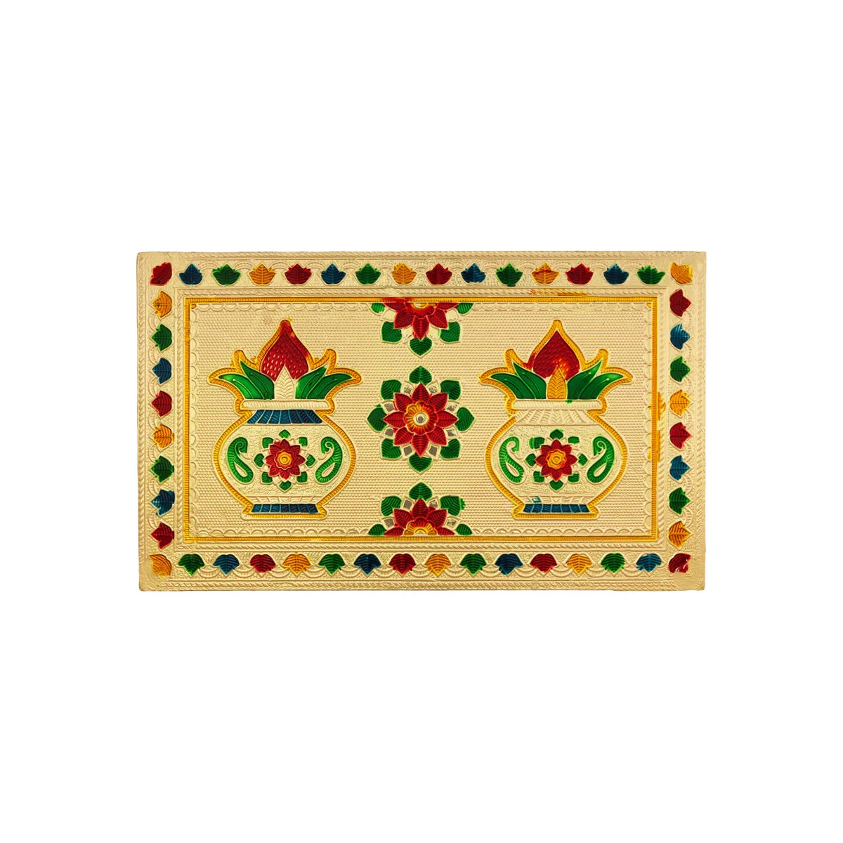 Chowki With Base - 1.25 X 6 X 10 Inches | Kalash & Flower Design Patla/ Gold Polish Bajot/ Manai Palagai - Image 3