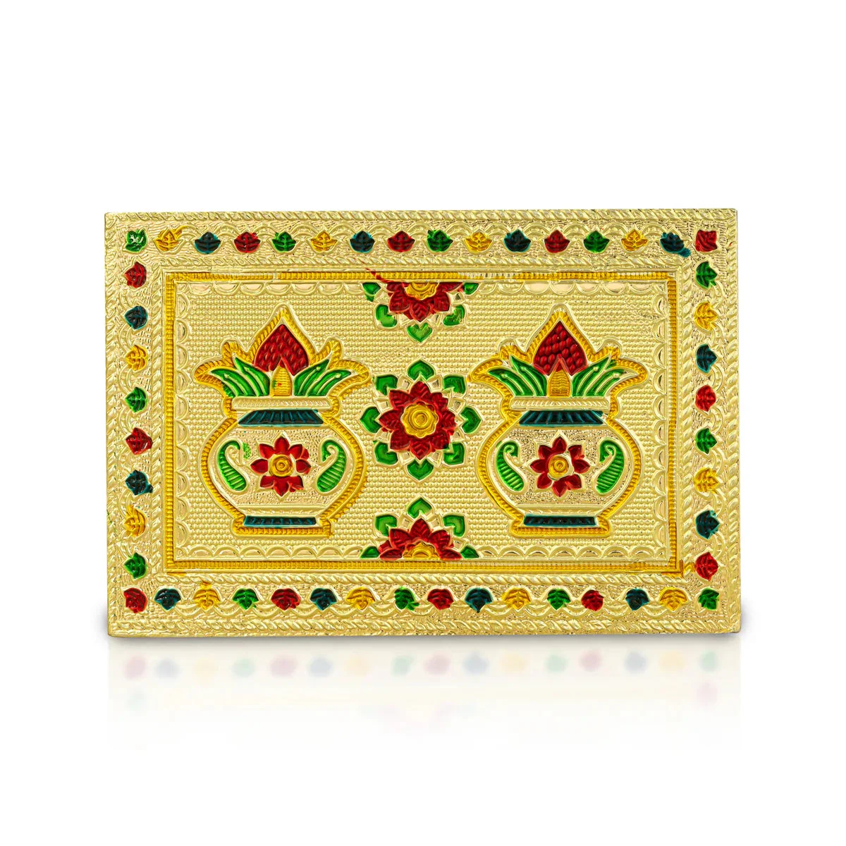 Chowki With Base - 1.5 X 6 X 4 Inches | Kalash & Flower Design Patla/ Gold Polish Bajot/ Manai Palagai - Image 2