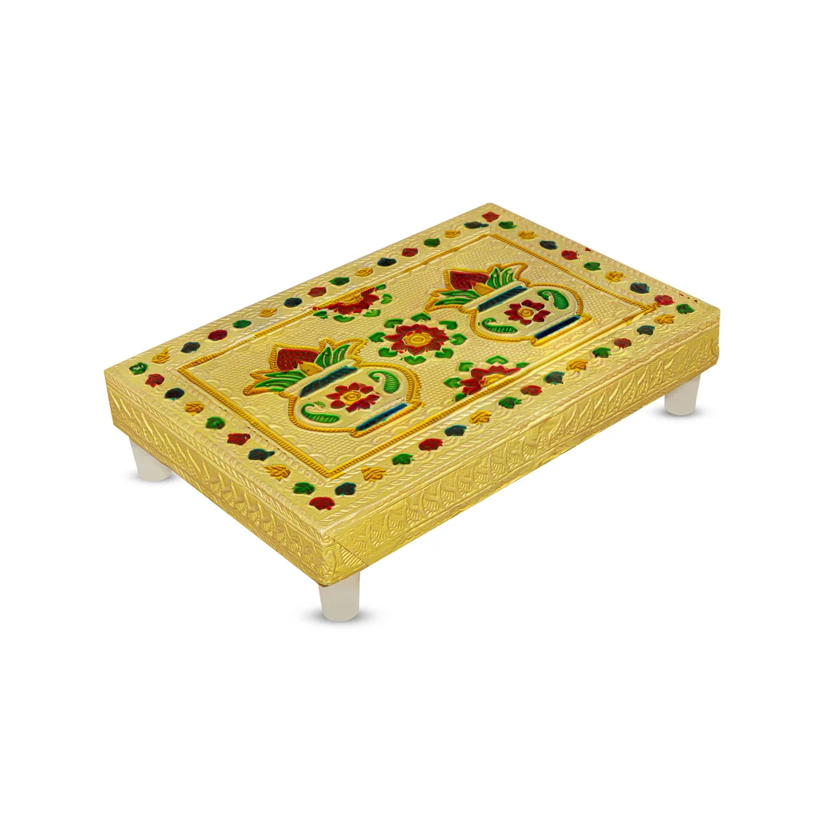 Chowki With Base - 1.5 X 6 X 4 Inches | Kalash & Flower Design Patla/ Gold Polish Bajot/ Manai Palagai - Image 3