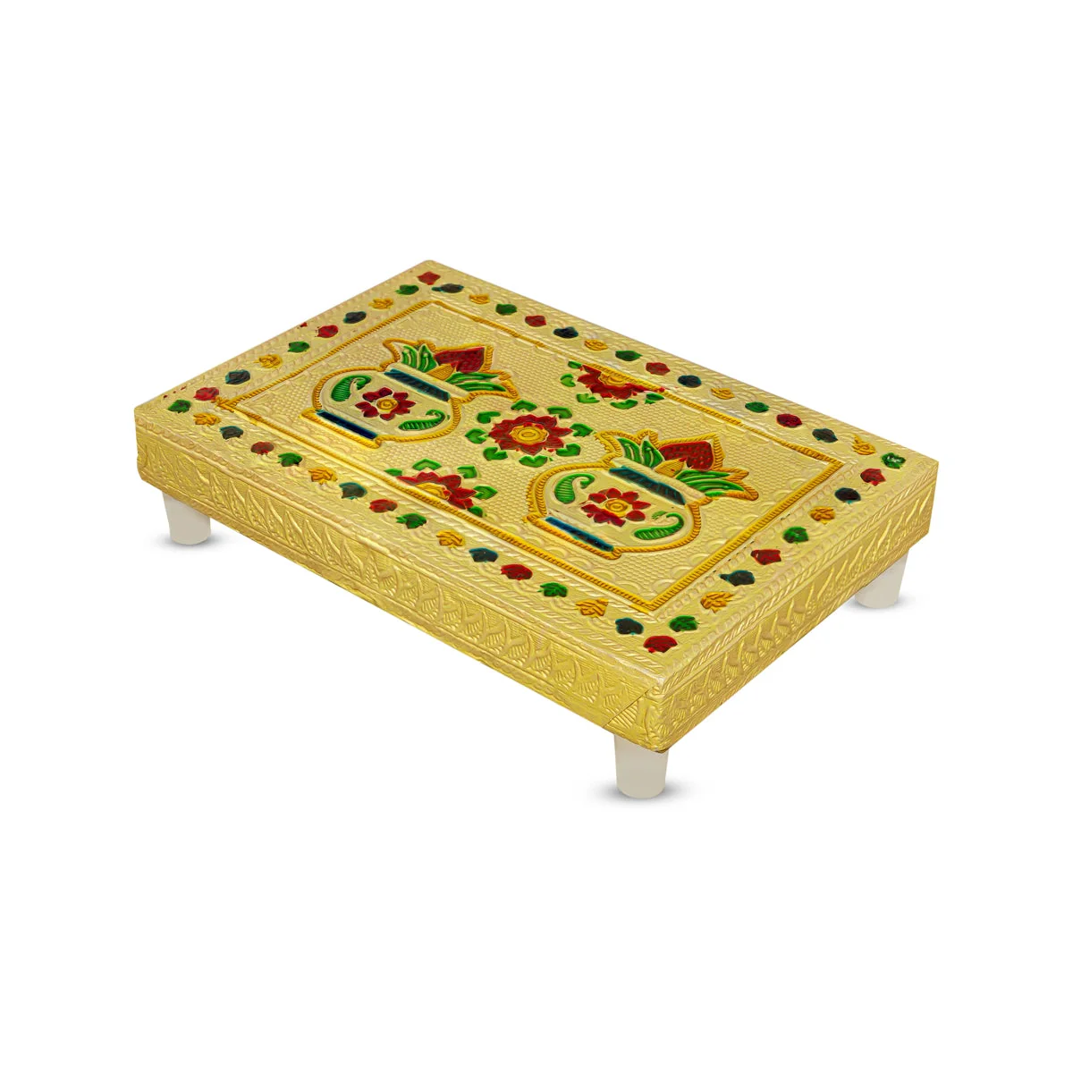 Chowki With Base - 1.5 X 6 X 4 Inches | Kalash & Flower Design Patla/ Gold Polish Bajot/ Manai Palagai - Image 4