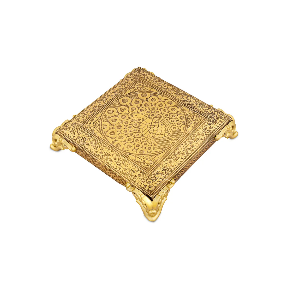 Chowki With Base - 1 X 6 X 6 Inches | Peacock Design Patla/ Gold Polish Bajot/ Manai Palagai For Pooja - Image 2
