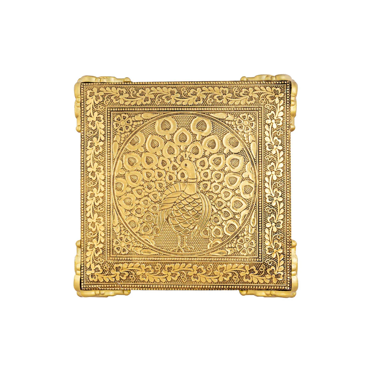 Chowki With Base - 1 X 6 X 6 Inches | Peacock Design Patla/ Gold Polish Bajot/ Manai Palagai For Pooja - Image 3