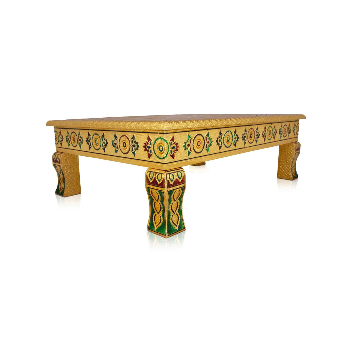 Chowki With Base - 15 x 21 Inches | Gold Polish & Wooden Bajot/ Meenakari Design Manai Palagai for Pooja - Image 3