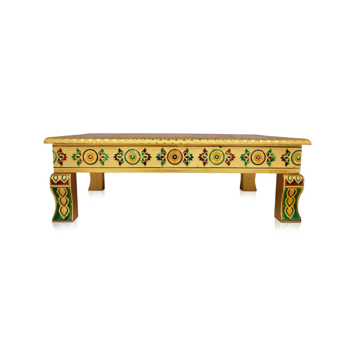 Chowki With Base - 15 x 21 Inches | Gold Polish & Wooden Bajot/ Meenakari Design Manai Palagai for Pooja - Image 4