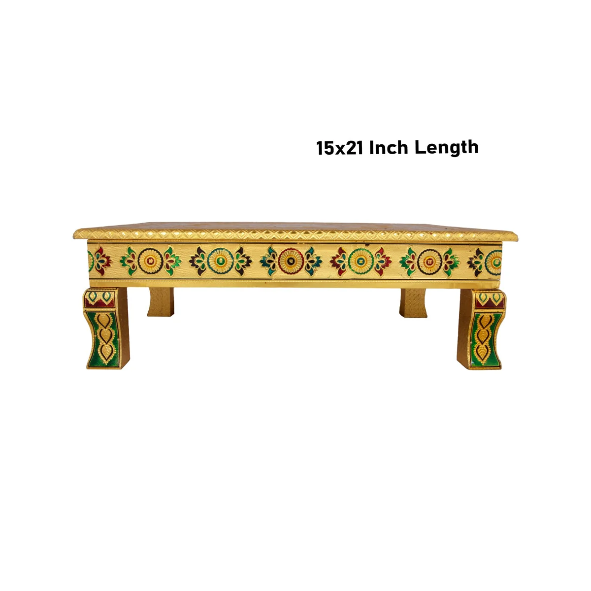 Chowki With Base - 15 x 21 Inches | Gold Polish & Wooden Bajot/ Meenakari Design Manai Palagai for Pooja - Image 5