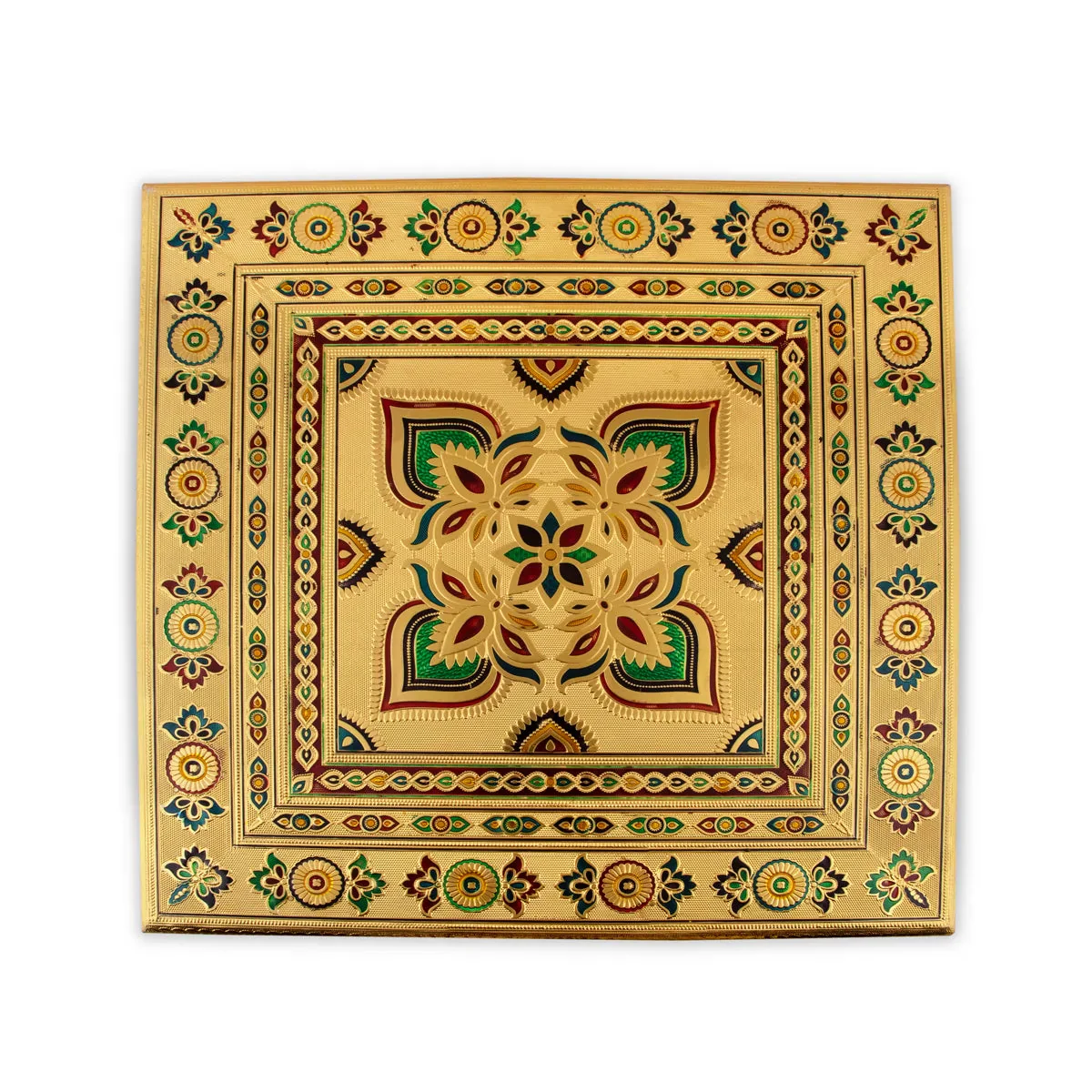 Chowki With Base - 3.5 x 18 x 18 Inches | Gold Polish & Wooden Bajot/ Meenakari Design Manai Palagai for Pooja - Image 2