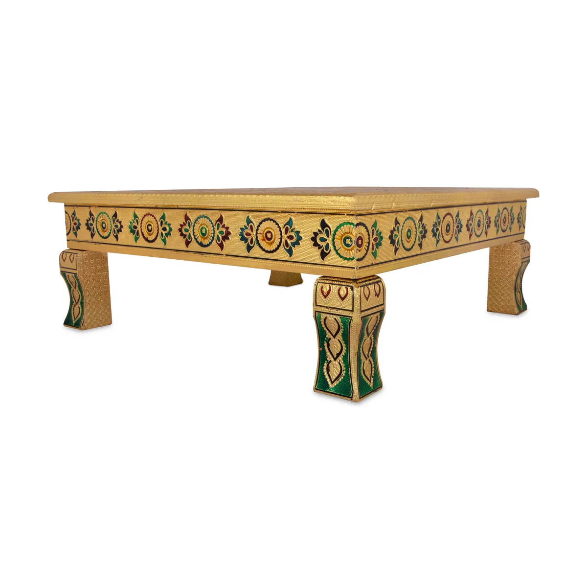 Chowki With Base - 3.5 x 18 x 18 Inches | Gold Polish & Wooden Bajot/ Meenakari Design Manai Palagai for Pooja - Image 3